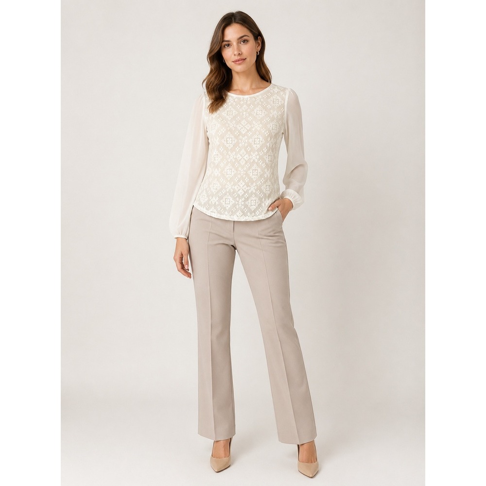 Zara White Lace Long Sleeve Blouse Sm Sheer Keyhole Back Geometric Embroidered